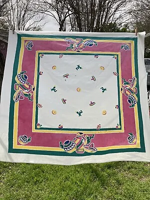 Vtg Startex Printed Tablecloth Mexican Motif Pottery Sombrero Cacti AS IS 48x51” • $14