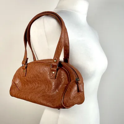Y2K Topshop Shoulder Bag Brown Faux Ostrich Leather Bowling Bag Vintage • £15.99