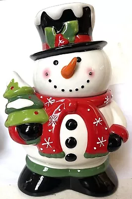 Snowman W/Christmas Tree Ceramic Cookie Jar By Blue Sky Clayworks 10.5x7” • $24.99