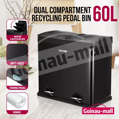 60L Pedal Rubbish Bin Stainless Steel Kitchen Waste Garbage Can Recycle Dustbin • $139.39