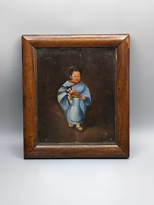 19th Century Portrait Of A Japanese Girl Holding A Cat Oil On Board Unusual  • £300