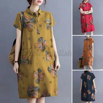 $23.80 • Buy Summer Womens Flroal Retro Baggy Sundress Ethnic Collared V Neck Cotton Dress AU