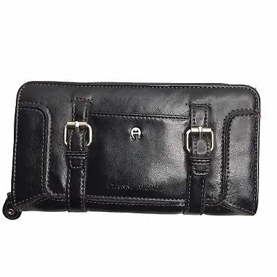 Etienne Aigner Black Leather Wallet Bi-Fold Credit Card Buckles • $21.03