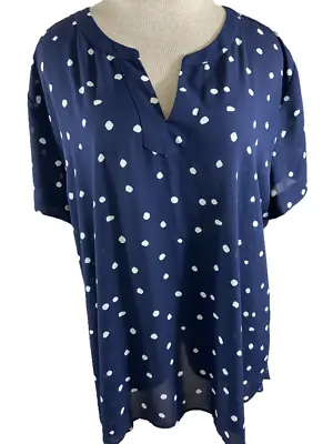 Van Heusen Blouse Top Size 2XL Short Sleeve V Neck Blue White Dots Polyester • $14.99