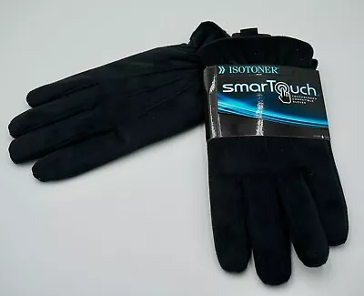 ISOTONER MEN'S  SMART TOUCH Touchscreen BLACK Suede Gloves NEW PLUSH LINING SZ L • $12.99