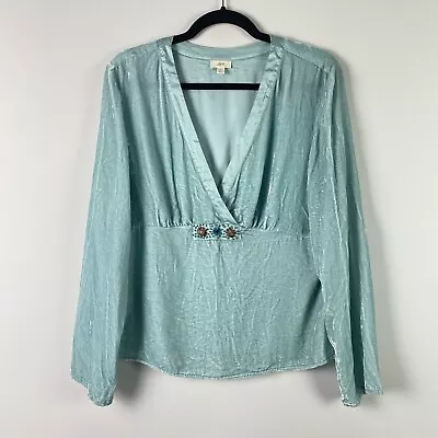 J Jill Velvet Blouse Womens Large V Neck Embellished Surplice Rayon Silk Aqua • $29.95