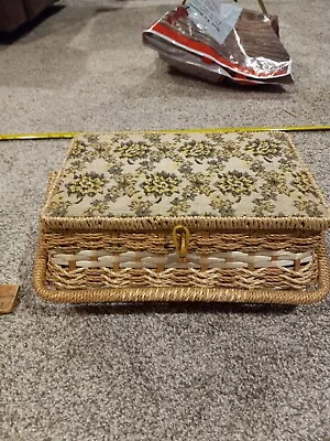 VTG MCM SEWING BASKET Box WOVEN WICKER Handle YELLOW GREEN Floral Fabric Japan • $24.99