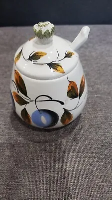 Vintage Blueberry Pattern Hand Painted Jam/Condiment Jar With Lid & Spoon Italy  • $25