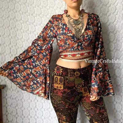 Indian Vintage Silk Sari Bell Sleeve Crop Top Retro 60s Clothing Lot Of 10 Pcs • $200.50