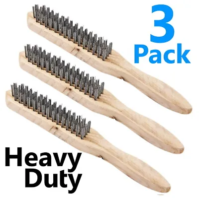 3x Wire Brush 4 Row Rust Cleaning Handle Steel Wooden Heavy Duty Metal Removal • £6.99