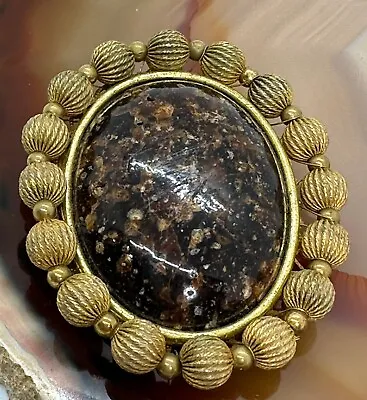 Vintage Miriam Haskell Brooch Pin Large Cabochon In Beaded Gold Plate Frame • $50