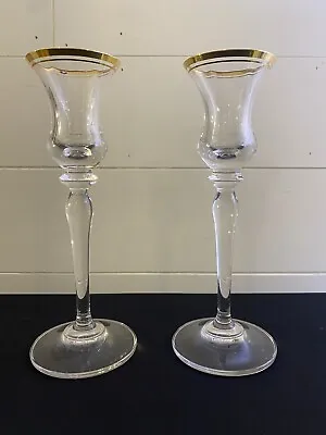 MIKASA Optic Crystal JAMESTOWN CLEAR 2 Candlestick Holders  7 7/8  Gold Rim • $6.40