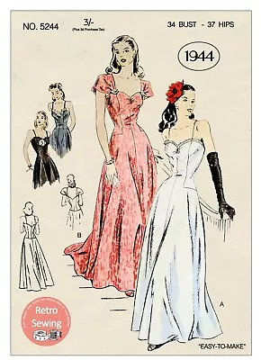 1940s Stylish Wartime Evening Dress Vintage Sewing Pattern Bust 34  • £20.99