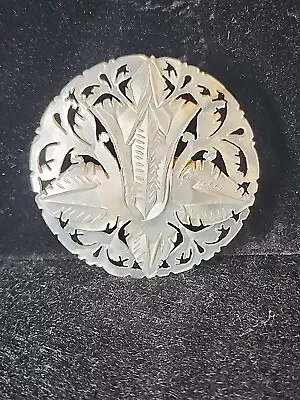 Vintage Round Carved Mother Of Pearl MOP Abalone Flower Leaf Brooch Pin ~ 1 5/8  • $19.99