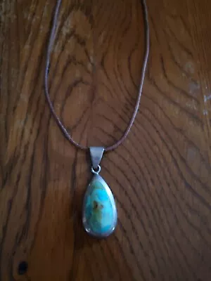 Vintage Turquoise Teardrop Pendant Leather Cord Sterling Silver Necklace • $60