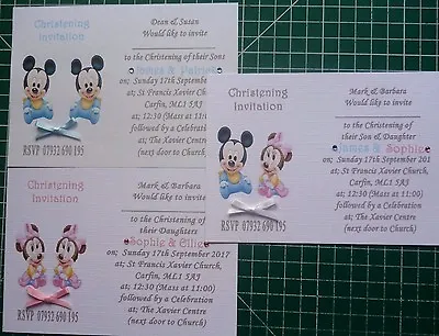 £5.50 • Buy 10, 15, 25,50 Lovely Handmade Minnie/Micky Mouse TWINS Christening Invitations 