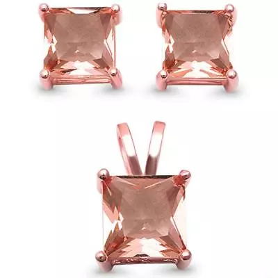 Rose Gold Plated Square Princess Solitaire Morganite Silver Earring & Pendant Se • $18.86