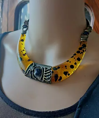 Vintage Bakelite Resin Clear Yellow Black Bronze Statement Necklace • $115