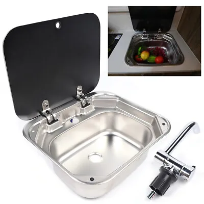 RV Caravan Camper Stainless Steel Hand Wash Basin Kitchen Sink W/ Lid+Faucet Kit • $122.55