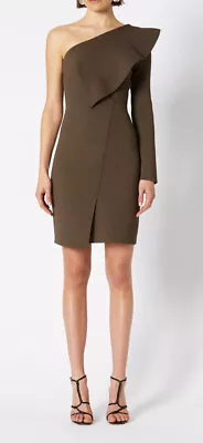 $130 • Buy Scanlan Theodore One Shoulder Ruffle Neck Crepe Knit Dress In Cafe Size Large/12