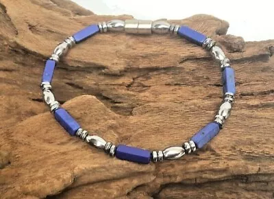 Men's Women's Pure Silver Magnetic Hematite Blue Lapis Single Bracelet Anklet • $31.99