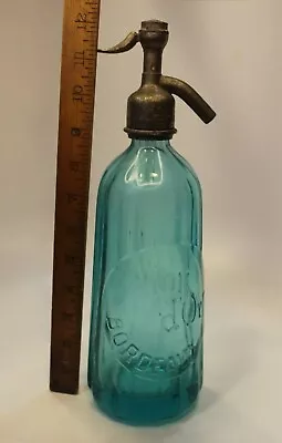 Vntg 1933 Lion D'Or Bordeaux French Soda Water Seltzer Bottle Ribbed Teal / Aqua • $288