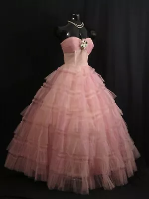 Vintage 1950's 50s Strapless PINK Mauve Tulle Party Prom Wedding Dress Gown • $699.99