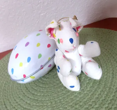 Vintage Tin Multicolor Polka Dot Egg Cloth Bunny Inside 1984 • $5