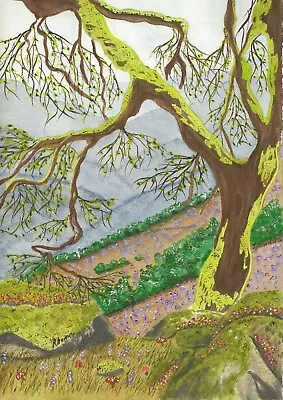 Original Watercolor Painting Landscaping Art Oak Tree Mountains Flowers Rhema • $125