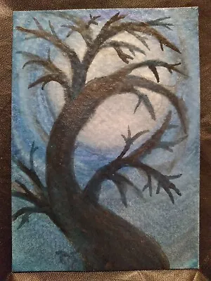 Original ACEO Blue Night Sky Fantasy Silhouette Tree Outsider Art Painting OOAK • $6.89