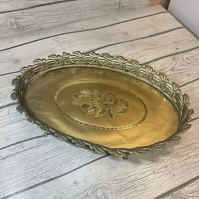 VINTAGE OVAL VANITY MIRROR TRAY TONE FILIGREE Regency Gold Rose Floral • $28.56