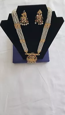 Bollywood Fashion Pearl Kundan Rani Haar Necklace Earrings Meenakari Bridal Set • $25