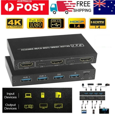 4K HDMI KVM Switch 2 Port USB Switcher For Mouse Keyboards Connectors Sharing • $32.89