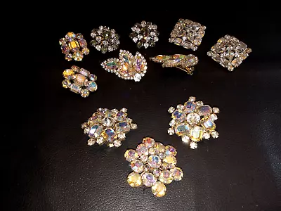 Vintage Weiss Jewelry Earrings Lot W Brooch Pin Set Aurora Crystals Signed 11pcs • $49.99