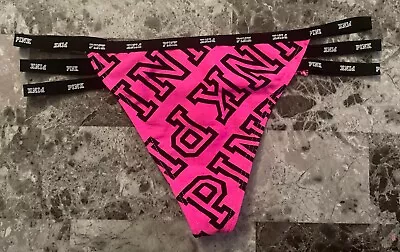 Nwt Victoria's Secret Pink Small Neon Pink Black Logo Strappy Rare Thong Panties • $49.99