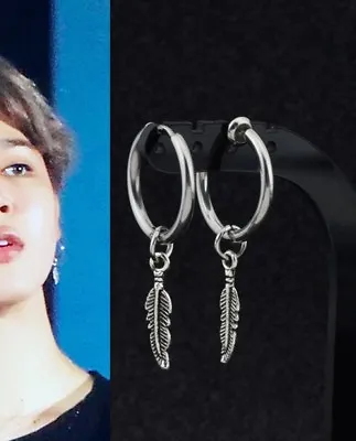 Hip Hop Kpop Leaf Titanium Feather Hoop Pendant Earrings Korean Jewelry • $6.96