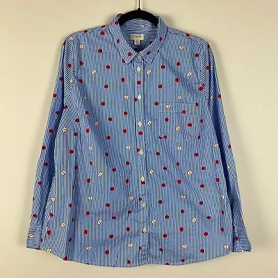 J Crew Cotton Poplin Shirt In Signature Fit Apple Print Teacher Blue White Sz XL • $24.95