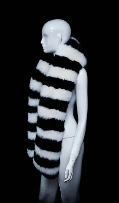 Plain White Shadow Vs Jet Black Fox Genuine Fur Zebra Pattern Stole Shawl Boa • $379.99