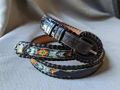 Vintage USA Made BEADED Southwestern 34 Leather NATIVE AMERICAN Buckle Belt • $59.95