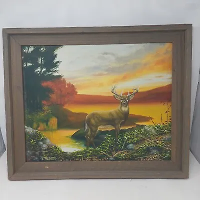 Deer At Sunset Lake Landscape Oil Painting Wood Frame Hunting Country Rustic • £99.35