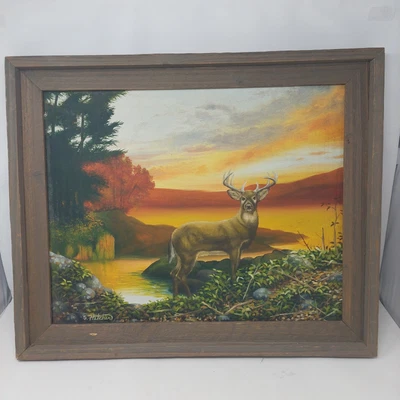 Deer At Sunset Lake Landscape Oil Painting Wood Frame Hunting Country Rustic • £99.35