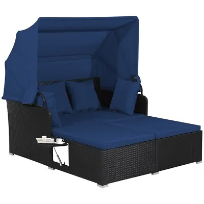 Outdoor Patio Rattan Daybed Lounge Retractable Canopy Side Table W/ Navy Cushion • $268.96