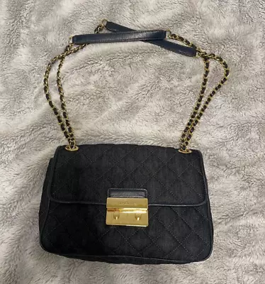 Michael Kors Sloan Lg Chain Shoulder Bag Dark Blue Quilted-Denim • $130