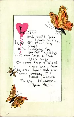 Vintage Postcard -Valentines Day Greeting Postcard Poem Heart Butterflies 1914 • $3.99