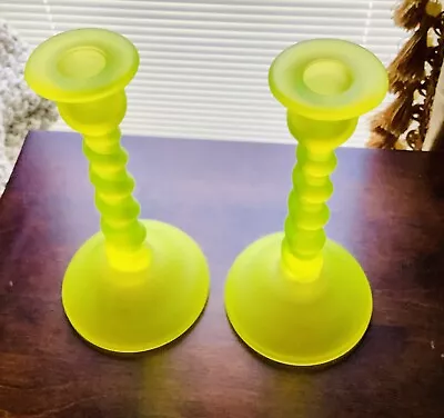 Rare Vintage Tiffin Vaseline Depression Glass Canary Twisted Candlestick Holders • $80