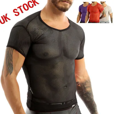 UK Sexy Men T-Shirt See Through Mesh Top Gym Workout Muscle Undershirts Cluwear • £5.18