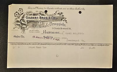 1895 Gilbert Bros & Co Wholesale Druggists Illustrated Billhead Baltimore MD • $15