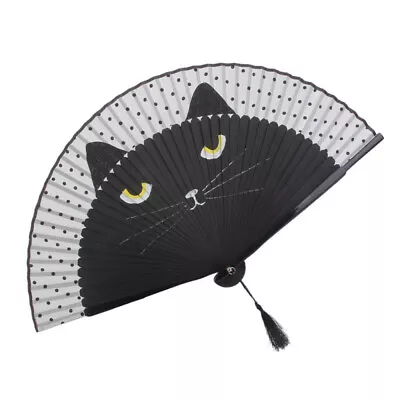 Vintage Folding Fan Lace Handheld Fan Cat Silk Fan Wooden Folding Fan • $9.40