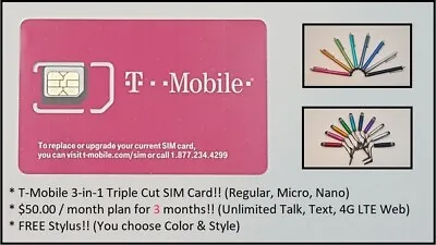 T-Mobile PrePaid SIM W/ 3 FREE Months ($50 Unltd.TalkText& Web)+FREE Stylus! • $89.99