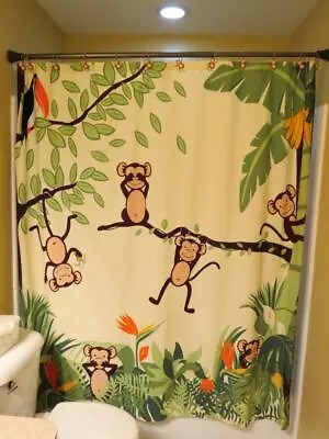 Bed Bath & Beyond Exclusive Motion Monkey Fabric Full Sz Shower Curtain & Hooks • $28